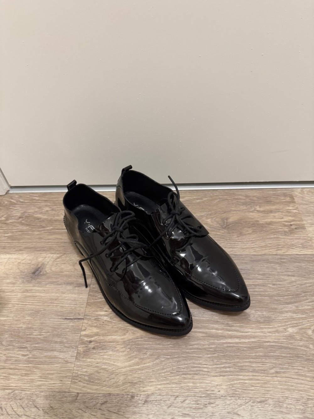 Patent Pointed-Toe Lace-Up Flats in Black